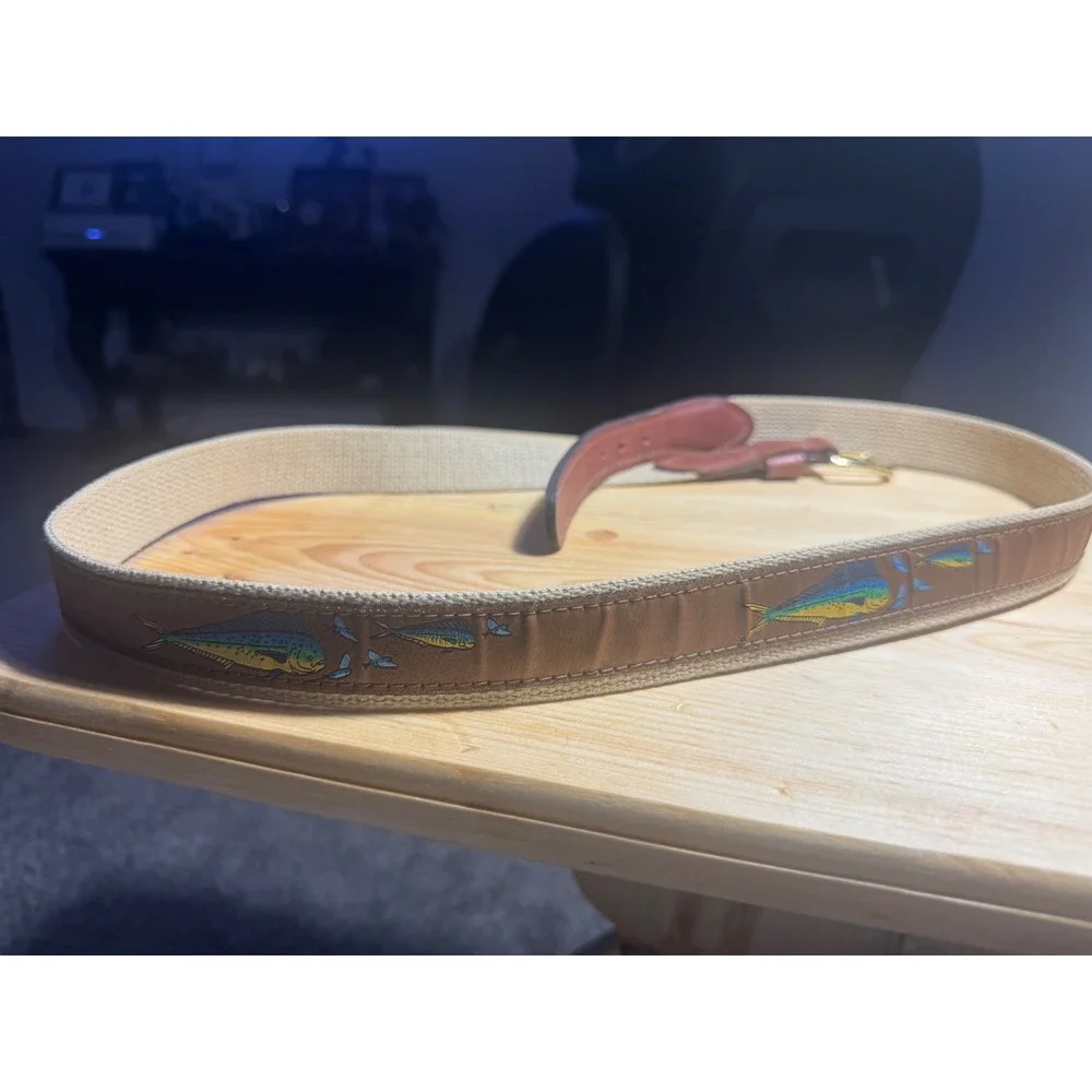 Zep-Pro Mens Mahi Mahi Dolphin Embroidery Leather Canvas Braided Rope Belt Sz 46